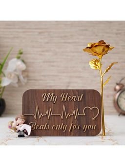 eCraftIndia - Combo of Gold Rose, "My Heart Beats Only for You" & Bride Kissing Groom Showpiece