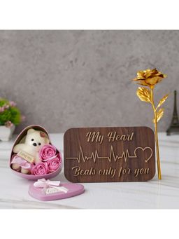 eCraftIndia - Combo of Gold Rose, "My Heart Beats Only for You" Showpiece, Pink Heart Shape Gift Box