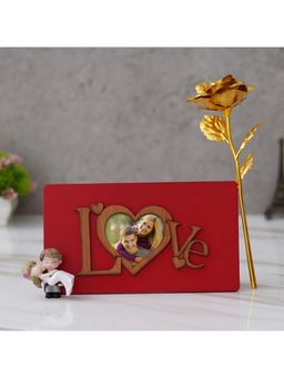 eCraftIndia - Combo of Golden Rose, "Love" Photo Frame with Stand, Bride Kissing Groom Showpiece