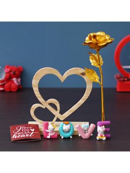 eCraftIndia - Combo of Golden Rose, 2 Hearts Shape & "Love" Animated Characters Showpiece