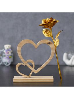 eCraftIndia - Valentine Combo of Golden Rose Gift Set, 2 Hearts Wooden Brown Showpiece With Stand