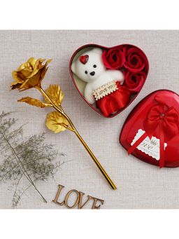 eCraftIndia - Golden Rose and Heart Shaped Gift Box Set with White Teddy, Red Roses