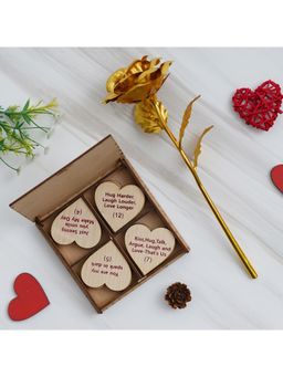 eCraftIndia - Combo of Golden Rose, "20 Reasons Why I Love You" Printed Little Hearts Wooden Gift Set