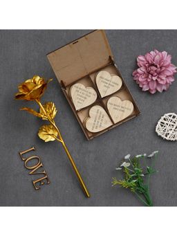 eCraftIndia - Combo of Golden Rose, "20 Reasons Why I Need You" Printed Little Hearts Wooden Gift Set