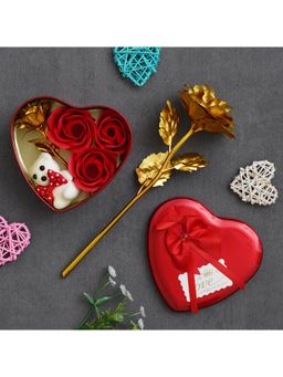 eCraftIndia - Valentine Combo of Golden Rose Gift Set, Red Heart Shaped Gift Box