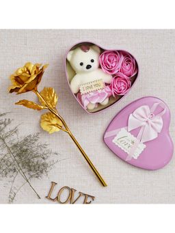 eCraftIndia - Valentine Combo of Golden Rose Gift Set, Pink Heart Shaped Gift Box with Teddy and Roses