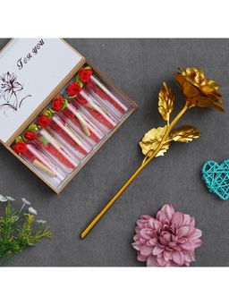 eCraftIndia - Valentine Combo of Golden Rose Gift Set, Red Message Bottle Wooden Box Set
