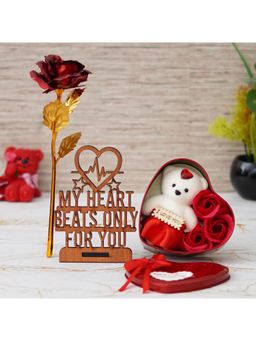 eCraftIndia - Combo of Golden Red Rose, "My Heart Beats Only for You" Showpiece, Heart Shaped Gift Box