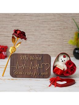 eCraftIndia - Combo of Golden Red Rose, "My Heart Beats Only for You" Showpiece, Heart Shaped Gift Box