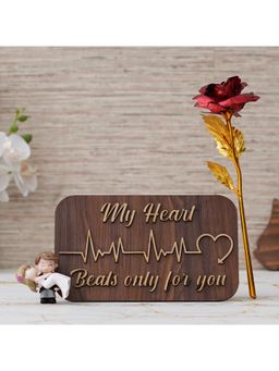 eCraftIndia - Combo Gold Red Rose, "My Heart Beats Only for You" & Bride Kissing Groom Showpiece Set