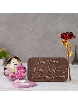 eCraftIndia - Combo of Red Rose, "My Heart Beats Only for You" Showpiece, Pink Heart Shaped Gift Box