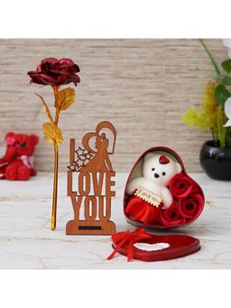 eCraftIndia - Combo of Golden Red Rose, "Love You" Wooden Showpiece, Heart Shaped Gift Box Set
