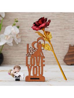 eCraftIndia - Combo of Golden Red Rose, "Love You" & Bride Kissing Groom Decorative Showpiece Set