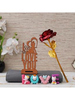 eCraftIndia - Combo of Golden Red Rose Gift Set, "Love You" & "Love" Animated Characters Showpiece Set