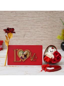 eCraftIndia - Combo of Golden Red Rose Gift Set, "Love" Photo Frame with Stand, Heart Shaped Gift Box