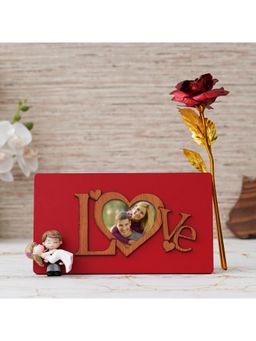 eCraftIndia - Combo of Golden Red Rose, "Love" Wooden Photo Frame, Bride Kissing Groom Showpiece Set