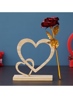 eCraftIndia - Valentine Combo of Golden Red Rose Gift Set, 2 Hearts Wooden Brown Showpiece With Stand