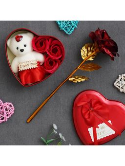 eCraftIndia - Golden Red Rose, Heart Shaped Gift Box with White Teddy, Red Roses