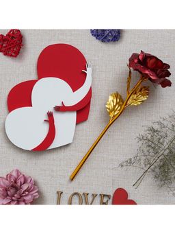 eCraftIndia - Combo of Golden Red Rose Gift Set, Red and White Heart Hugging Each Other Gift Set