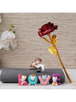 eCraftIndia - Combo of Golden Red Rose, Bride Kissing Groom Romantic & "Love" Characters Showpiece Set