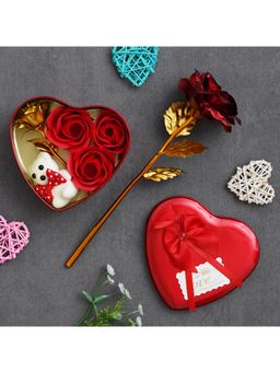 eCraftIndia - Valentine Combo of Golden Red Rose Gift Set, Red Heart Shaped Gift Box