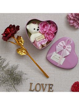 eCraftIndia - Combo of Golden Red Rose Gift Set, Pink Heart Shaped Gift Box with Teddy and Roses