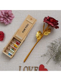 eCraftIndia - Golden Red Rose and Wooden Box "For You" Message Bottles Set - Valentine's Day Gifts
