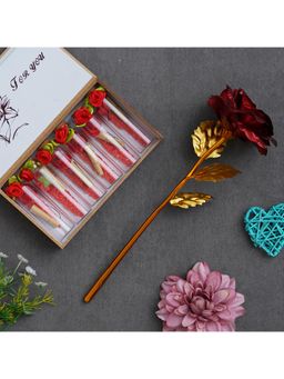 eCraftIndia - Valentine Combo of Golden Red Rose Gift Set, Red Message Bottle Wooden Box Set