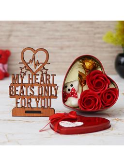 eCraftIndia - Combo of "My Heart Beats Only for You" Wooden Showpiece, Red Heart Shaped Gift Box