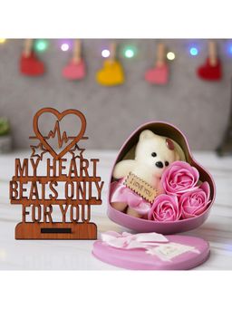 eCraftIndia - Combo of "My Heart Beats Only for You" Wooden Showpiece, Pink Heart Shaped Gift Box