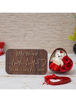 eCraftIndia - Combo of "My Heart Beats Only for You" Wooden Showpiece, Heart Shaped Gift Box