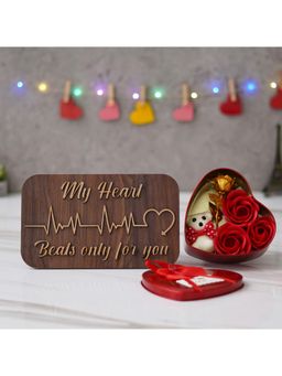 eCraftIndia - Combo of "My Heart Beats Only for You" Wooden Showpiece, Red Heart Shaped Gift Box