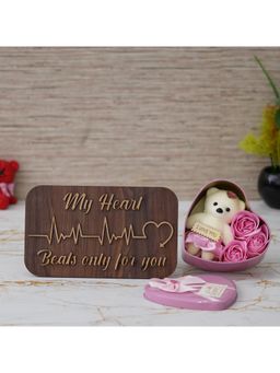 eCraftIndia - Combo of "My Heart Beats Only for You" Wooden Showpiece, Pink Heart Shaped Gift Box
