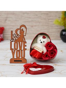 eCraftIndia - Combo of "Love You" Wooden Showpiece With Stand, Heart Shaped Gift Box Set