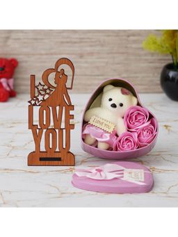 eCraftIndia - Combo of "Love You" Wooden Showpiece With Stand, Pink Heart Shaped Gift Box