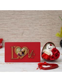 eCraftIndia - Combo of "Love" Wooden Photo Frame With Red Stand, Heart Shaped Gift Box Set