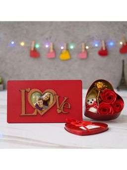 eCraftIndia - Valentine Combo of "Love" Wooden Photo Frame With Red Stand, Red Heart Shaped Gift Box