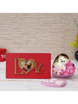 eCraftIndia - Combo of "Love" Wooden Photo Frame With Red Stand, Pink Heart Shaped Gift Box