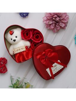 eCraftIndia - Heart Shaped Valentine's Day Gift Box with I Love You Message, Teddy Bear & Red Roses