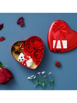 eCraftIndia - Red Heart Shaped Gift Box with Golden Rose, Red Roses, Teddy Bear and a Card