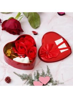 eCraftIndia - Red Heart Shaped Gift Box with Golden Rose, Red Roses, Teddy Bear and a Card