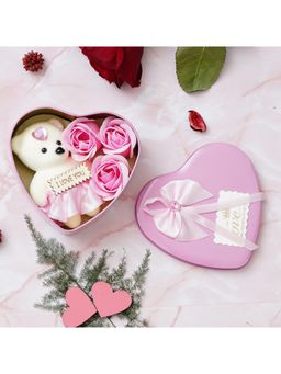 eCraftIndia - Pink Heart Shaped Gift Box with Pink Roses, Teddy Bear and a Card
