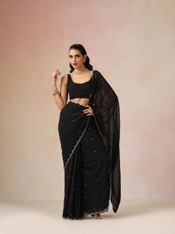 trueBrowns - Black Georgette Embroidered Saree with Unstitched Blouse