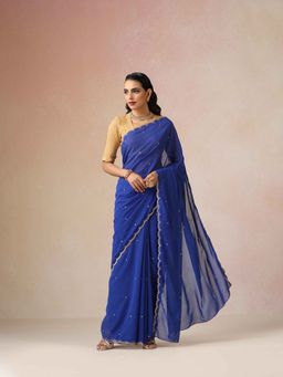 trueBrowns - Blue Georgette Embroidered Saree with Unstitched Blouse