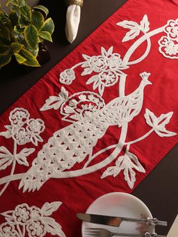 Revive Home - A Peacock Design Red and White Embroidered table Runner