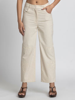 SHAYE - Beige Embroidered High-Rise Straight Casual Trouser for Women
