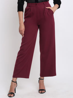SHAYE - Wine High-Rise Solid Straight Casual Trouser for Women