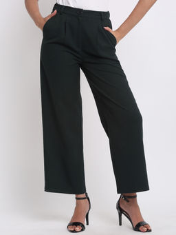 SHAYE - Green High-Rise Solid Straight Casual Trouser for Women