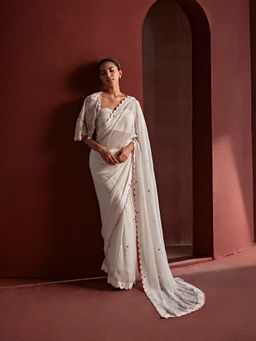 Tarini Vij - White Embroidered Pre Draped Saree, Jacket, Petticoat with Stitched Blouse