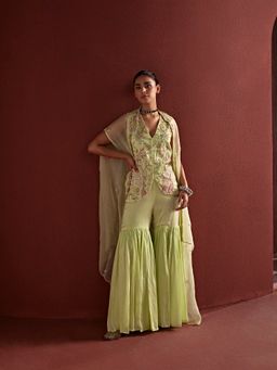 Tarini Vij - Mint Sharara with Kurti & Cape (Set of 3)